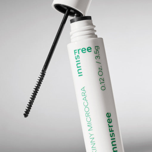 ProtoClinical k-beauty innisfree Skinny Microcara #Brown single slim mascara tube centered upright in brown and gray on a white background