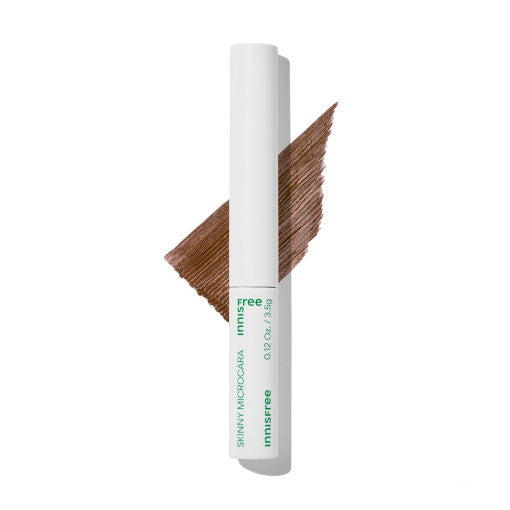 ProtoClinical k-beauty innisfree Skinny Microcara #Brown single slim mascara tube centered upright in brown and gray on a white background