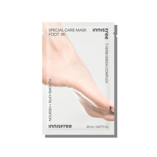 ProtoClinical k-beauty innisfree Special Care Mask Foot 20ml X 6ea pair of slim peach foot mask packets shown side by side on a light background
