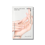 ProtoClinical k-beauty innisfree Special Care Mask Hand 20ml X 6ea single beige hand mask pack standing upright on a pale blue and cream background