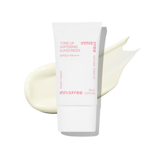 ProtoClinical k-beauty Innisfree Tone up Watering Sunscreen SPF50+ PA++++ 60ml single upright pale beige sunscreen tube on a white background