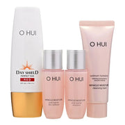 ProtoClinical k-beauty cosmetic packaging graphic in soft peach and beige tones on a pale blue background.