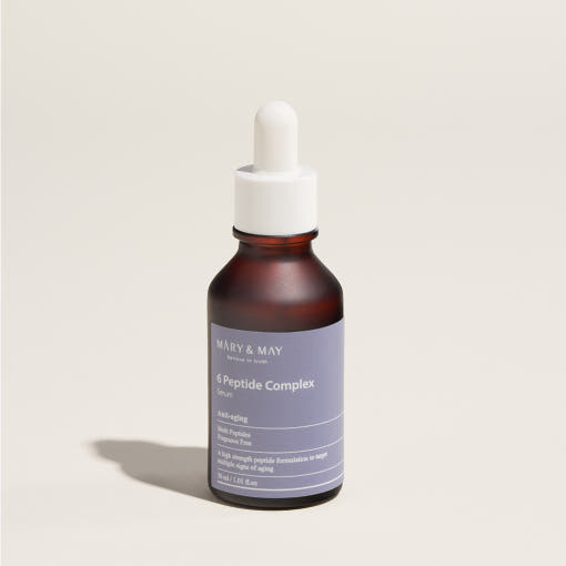 ProtoClinical k-beauty [MARY & MAY] 6 Peptide Complex Serum 30ml centered soft gray vertical silhouette with a rounded top on a pale checkered background.