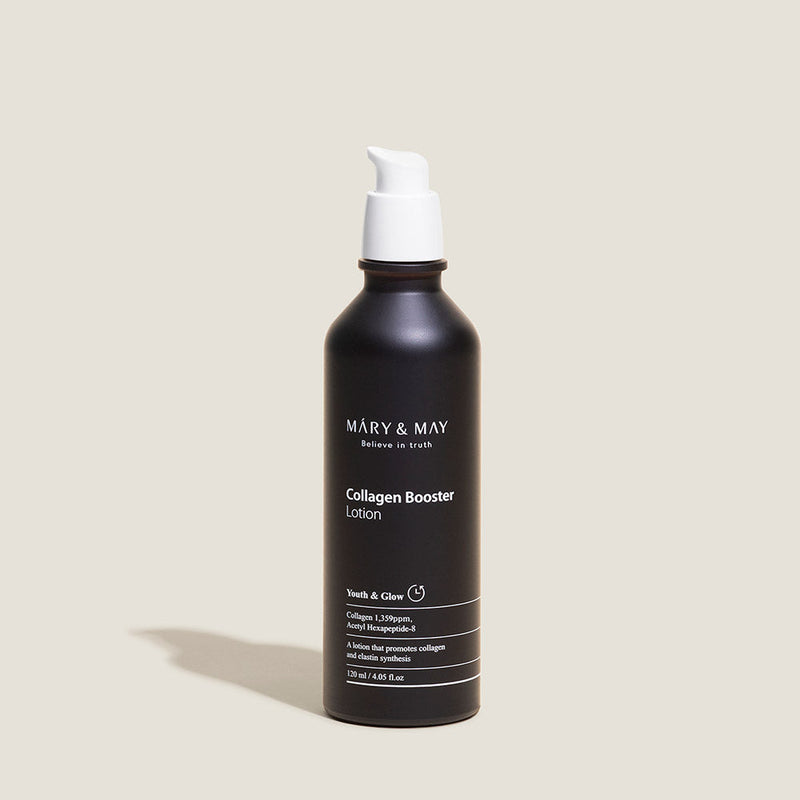 ProtoClinical k-beauty [MARY & MAY] Collagen Booster Lotion 120ml slim beige lotion package on a very light lavender background