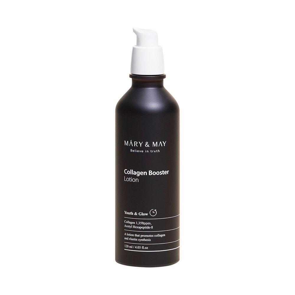 ProtoClinical k-beauty [MARY & MAY] Collagen Booster Lotion 120ml dark lotion package with pale side accents on a white background