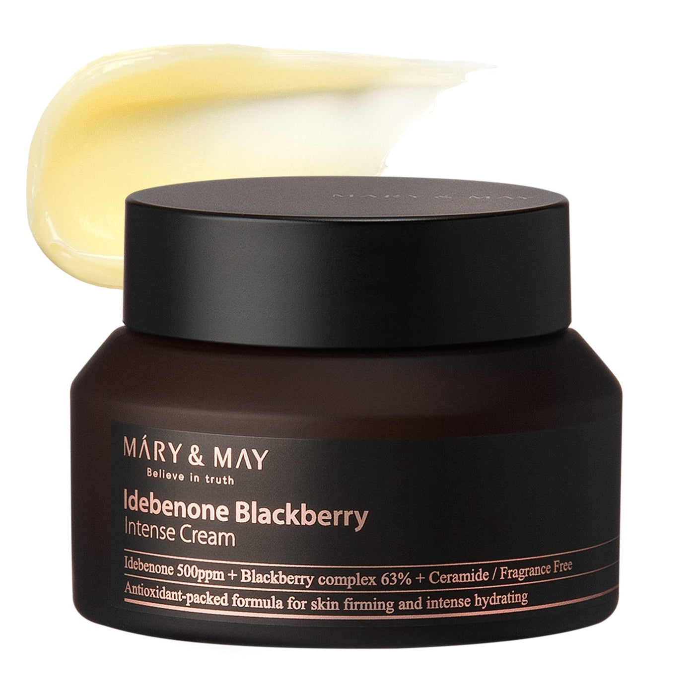 ProtoClinical k-beauty [MARY & MAY] Idebenone + Blackberry Complex Intense Cream 70g in a cool gray and pale yellow graphic with a dark horizontal center band and light lavender edge tones