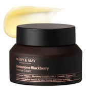 ProtoClinical k-beauty [MARY & MAY] Idebenone + Blackberry Complex Intense Cream 70g in a cool gray and pale yellow graphic with a dark horizontal center band and light lavender edge tones