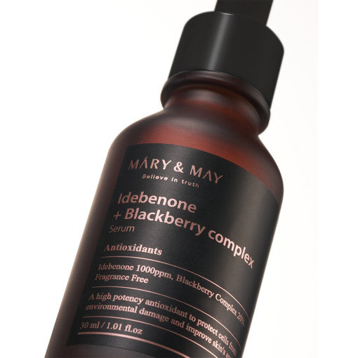 ProtoClinical k-beauty [MARY & MAY] Idebenone + Blackberry Complex Serum 30ml beauty product visual on a light background.