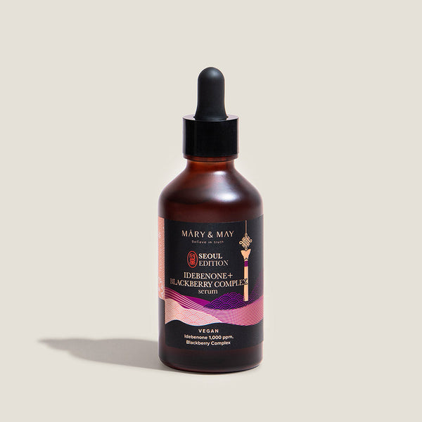 ProtoClinical k-beauty [MARY & MAY] Idebenone + Blackberry Complex Serum 80ml beauty product visual on a light background.
