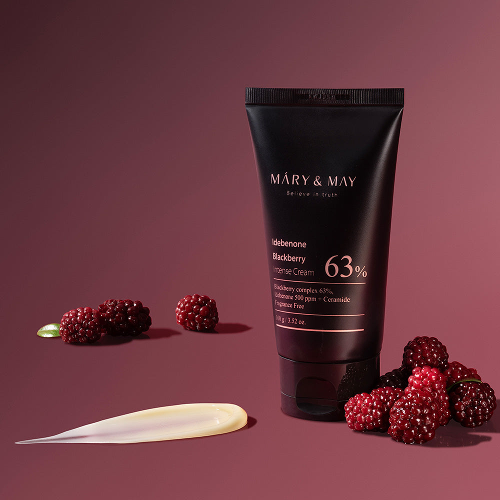 ProtoClinical k-beauty [MARY & MAY] Idebenone Blackberry Complex Intense Cream 100g beauty product visual on a light background.