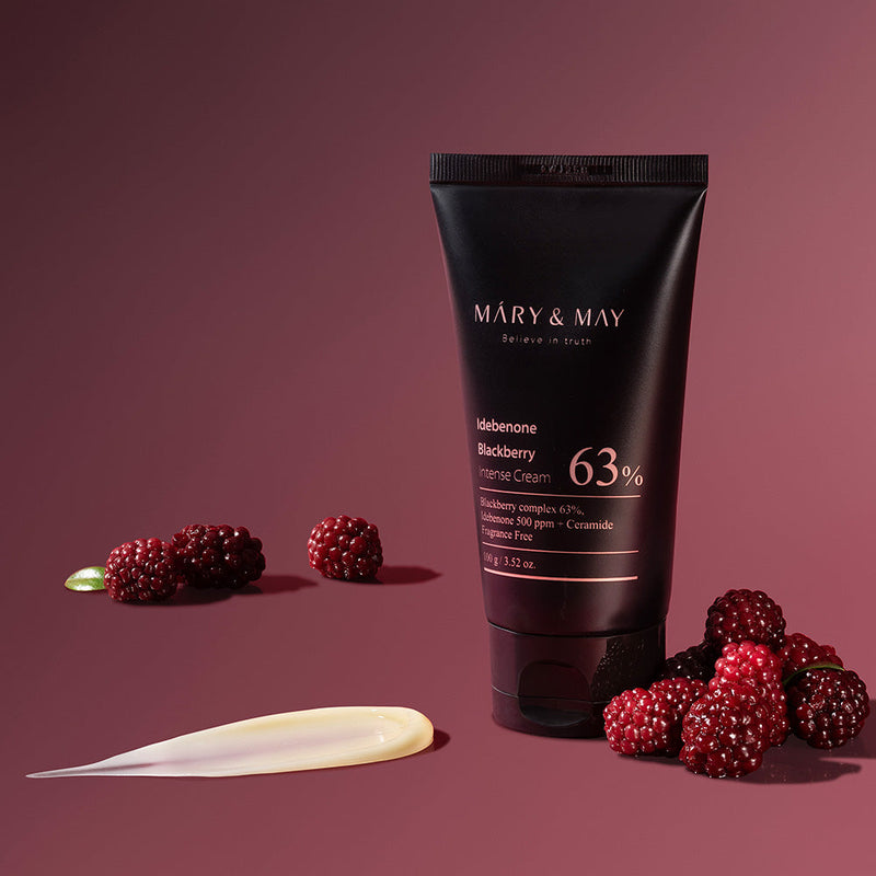 ProtoClinical k-beauty [MARY & MAY] Idebenone Blackberry Complex Intense Cream 100g beauty product visual on a light background.