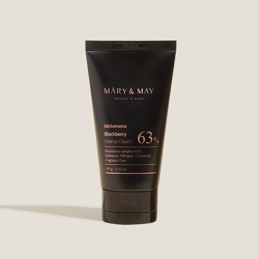 ProtoClinical k-beauty [MARY & MAY] Idebenone Blackberry Complex Intense Cream 100g beauty product visual on a light background.
