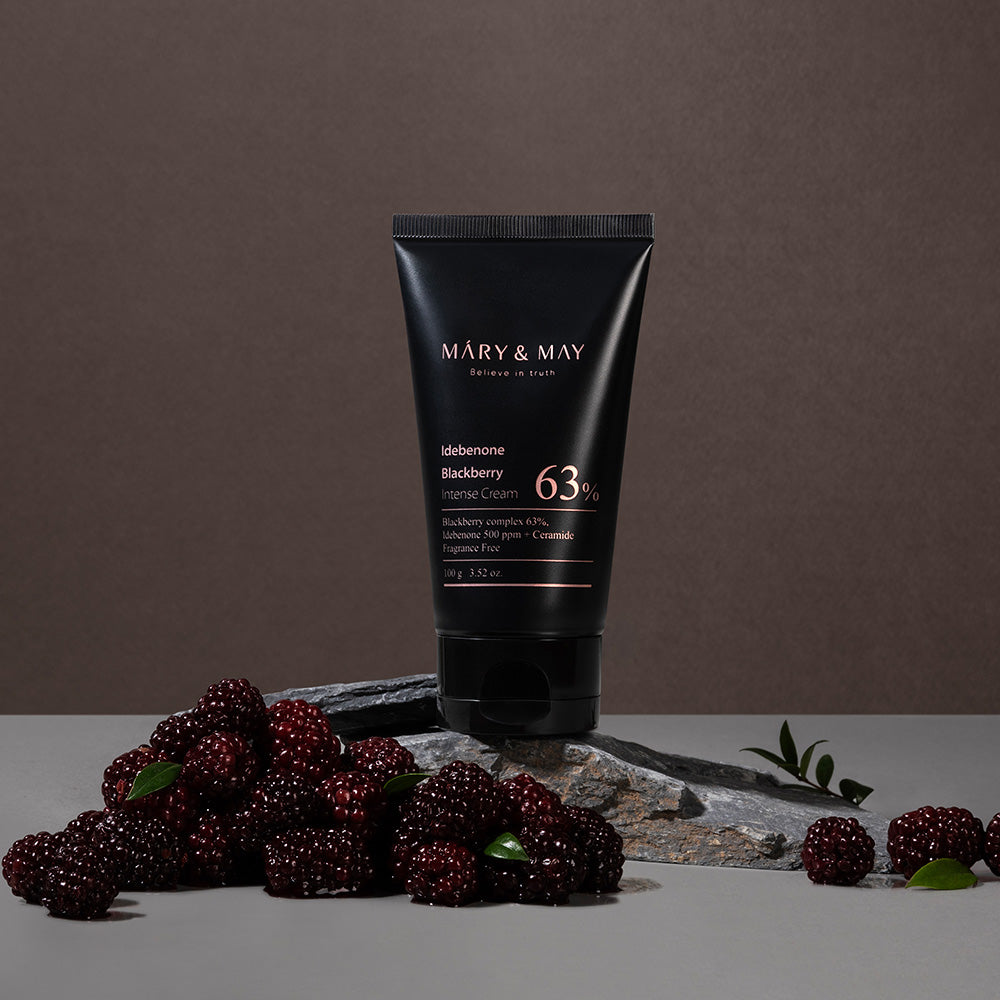 ProtoClinical k-beauty [MARY & MAY] Idebenone Blackberry Complex Intense Cream 100g beauty product visual on a light background.