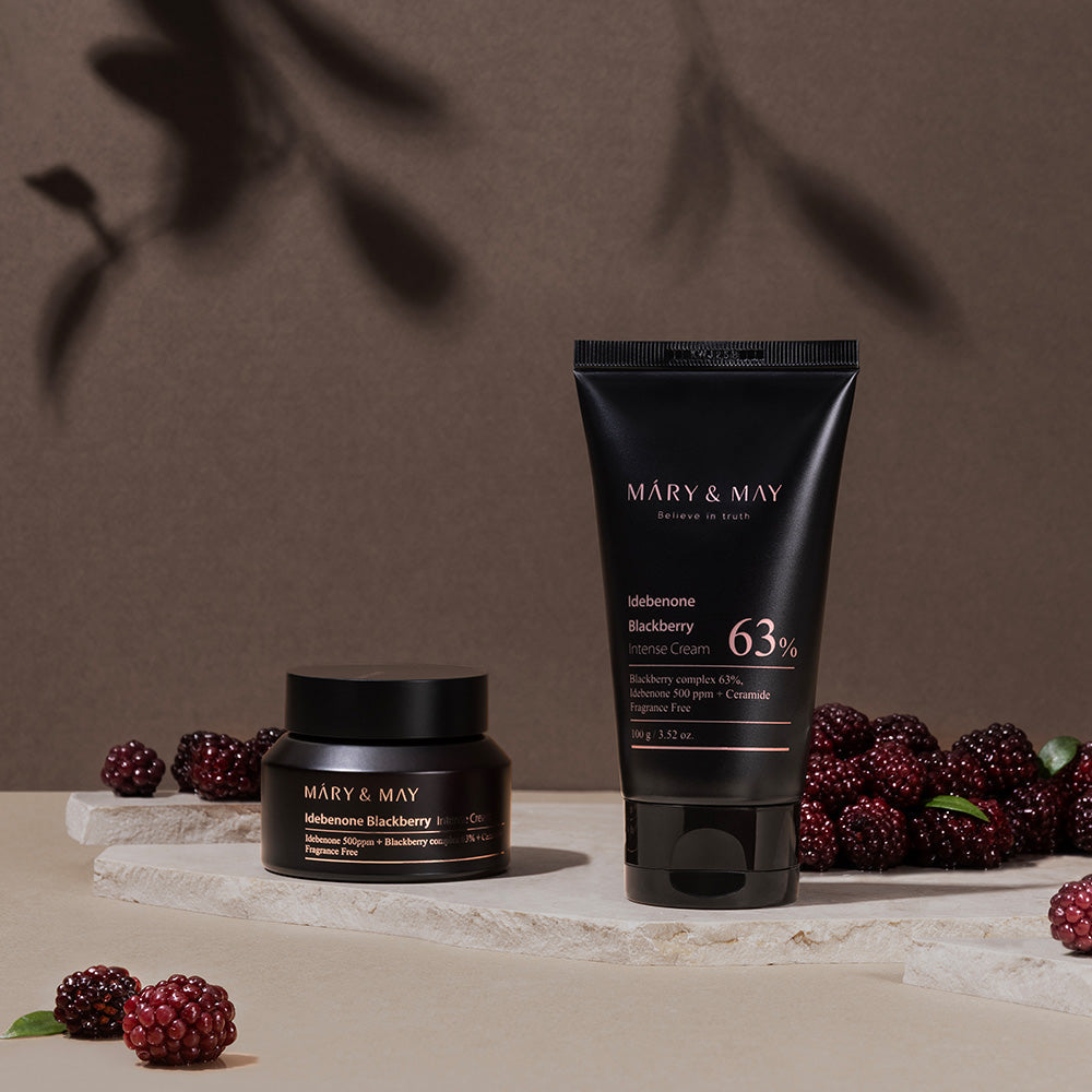 ProtoClinical k-beauty [MARY & MAY] Idebenone Blackberry Complex Intense Cream 100g beauty product visual on a light background.
