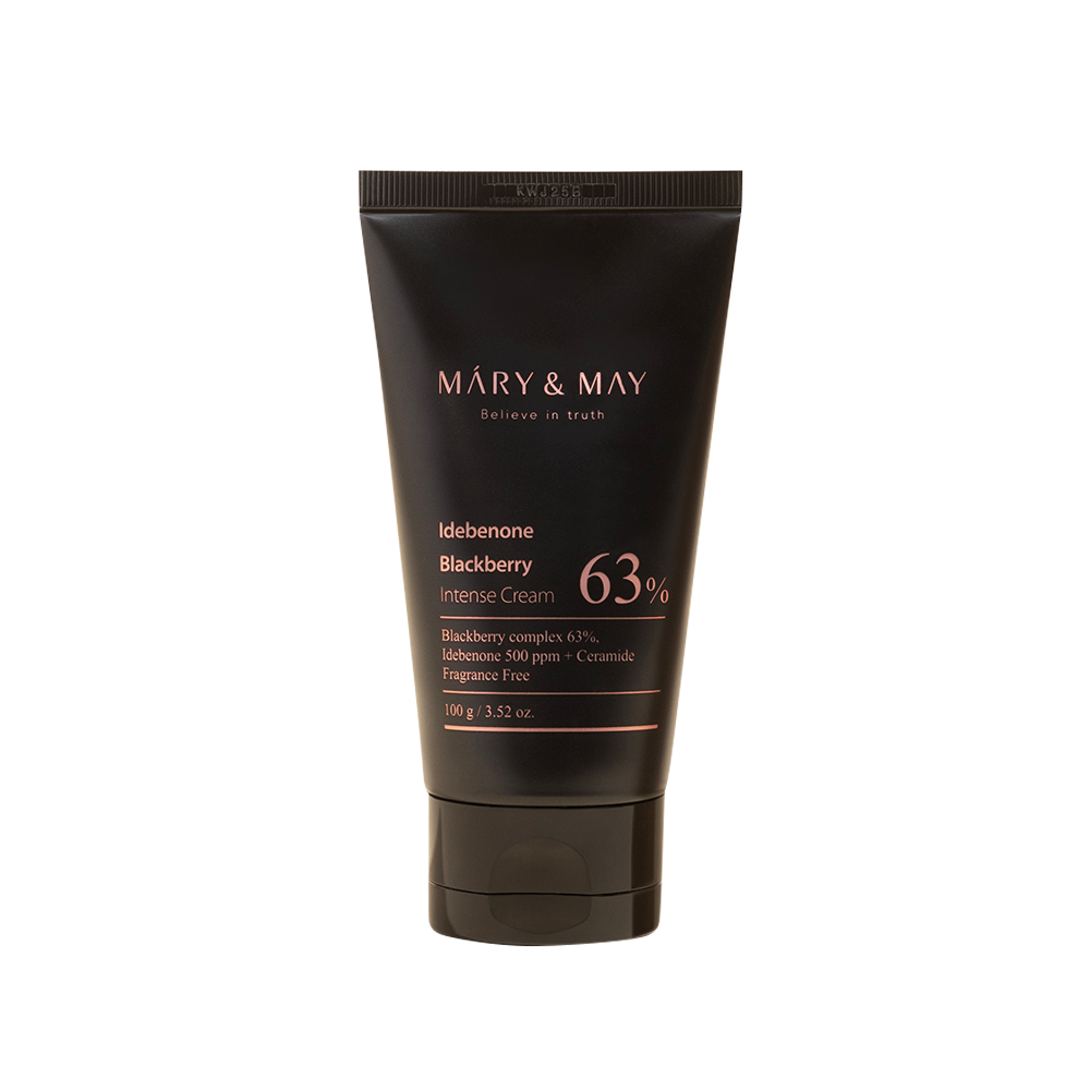 ProtoClinical k-beauty [MARY & MAY] Idebenone Blackberry Complex Intense Cream 100g shown as a single skincare tube on a light background