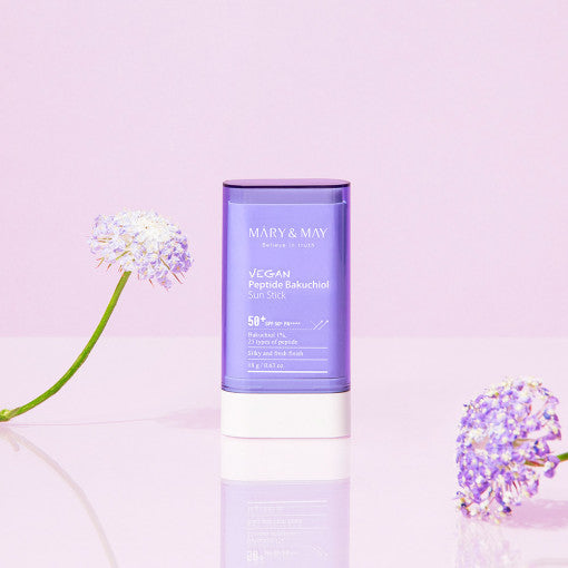 ProtoClinical k-beauty [MARY & MAY] Peptide Bakuchiol Sun Stick SPF50+ PA++++ 18g single lavender sun stick centered on a clean white background