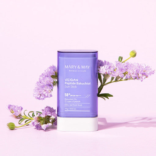 ProtoClinical k-beauty [MARY & MAY] Peptide Bakuchiol Sun Stick SPF50+ PA++++ 18g single lavender sun stick centered on a light background