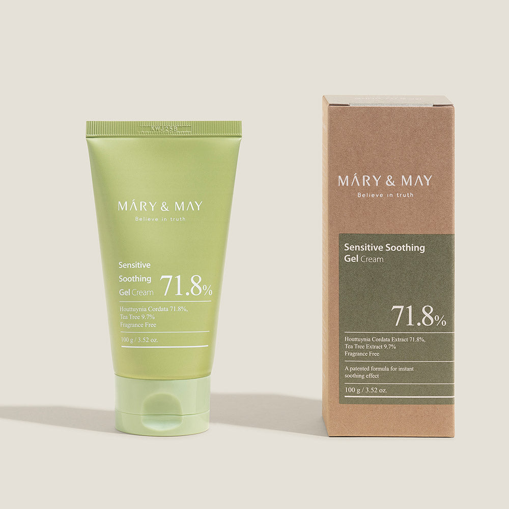 ProtoClinical k-beauty [MARY & MAY] Sensitive Soothing Gel Cream 100g shown with two upright package silhouettes side by side in muted green and taupe tones on a light background