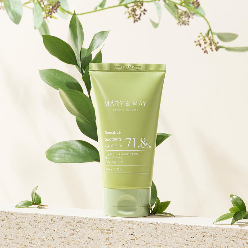 ProtoClinical k-beauty [MARY & MAY] Sensitive Soothing Gel Cream 100g single tall periwinkle tube with a darker purple center, framed by bright yellow side panels on a pale background