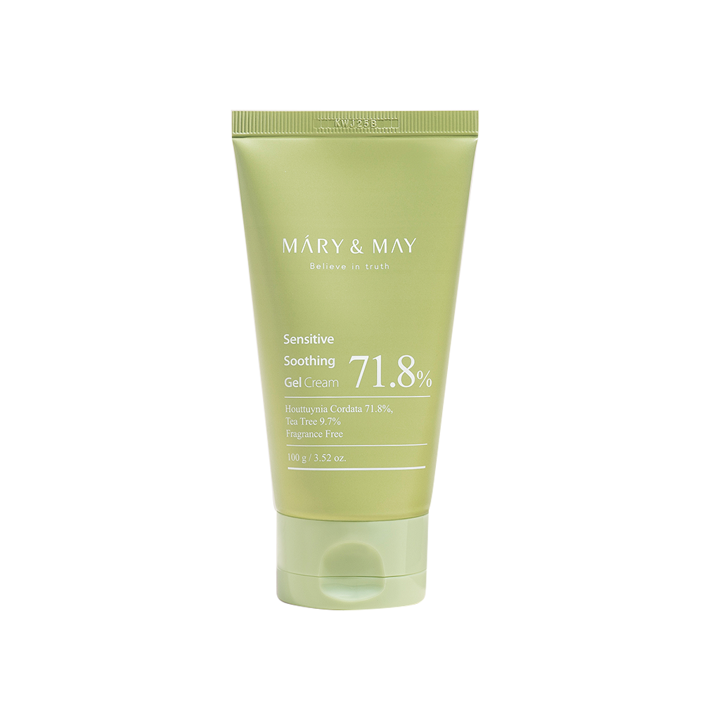 ProtoClinical k-beauty [MARY & MAY] Sensitive Soothing Gel Cream 100g shown as a single skincare tube centered on a clean white background