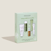 [MARY & MAY] Soothing Trouble Care Travel Kit (5pcs) by ProtoClinical shown as green travel kit packaging on a soft pink and beige background for a k-beauty skincare routine.