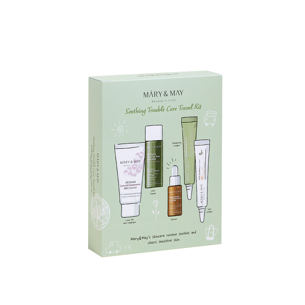 [MARY & MAY] Soothing Trouble Care Travel Kit (5pcs) by ProtoClinical shown as a green skincare product on a clean white background for a k-beauty skincare routine.