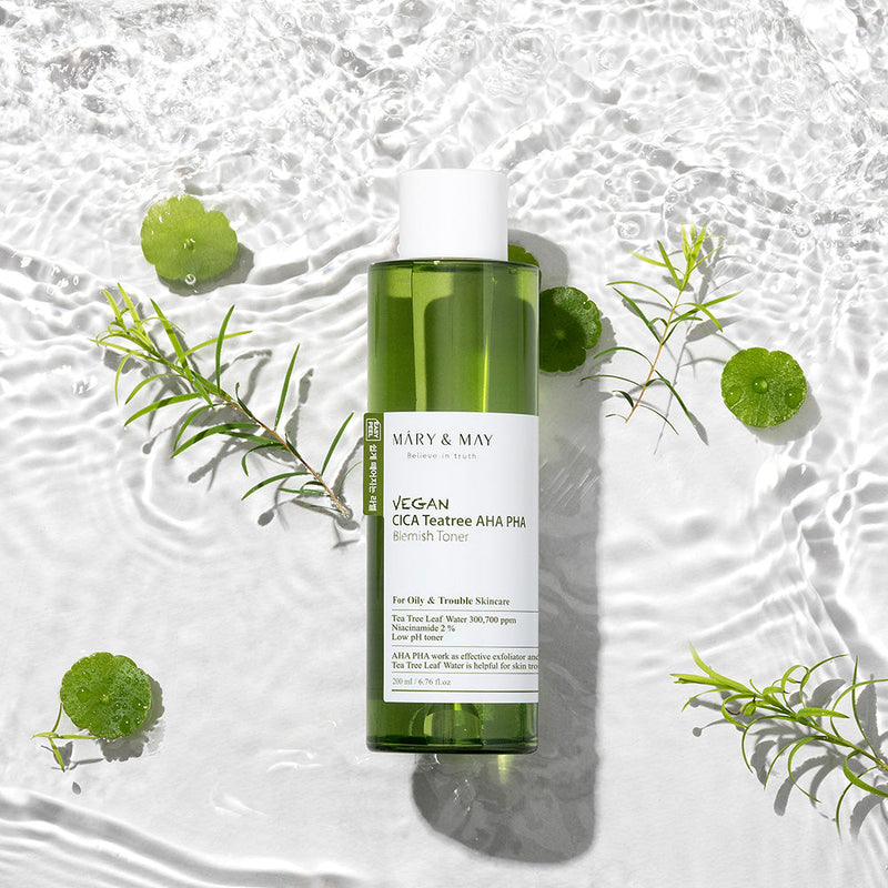 ProtoClinical k-beauty [MARY & MAY] Vegan CICA Tea Tree AHA PHA Blemish Toner 200ml single tall lavender package with a darker blue center on a pale yellow background