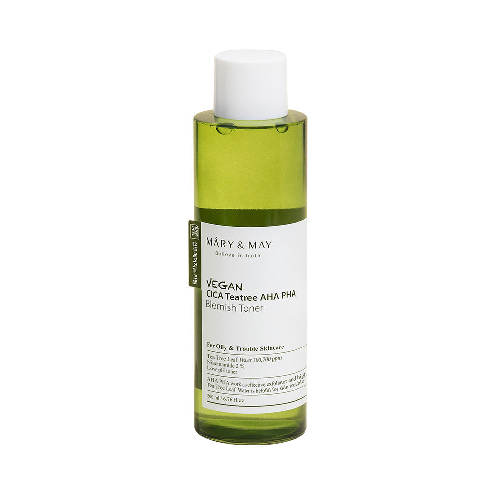 ProtoClinical k-beauty [MARY & MAY] Vegan CICA Tea Tree AHA PHA Blemish Toner 200ml olive bottle silhouette centered on a white background with pale blue side shading