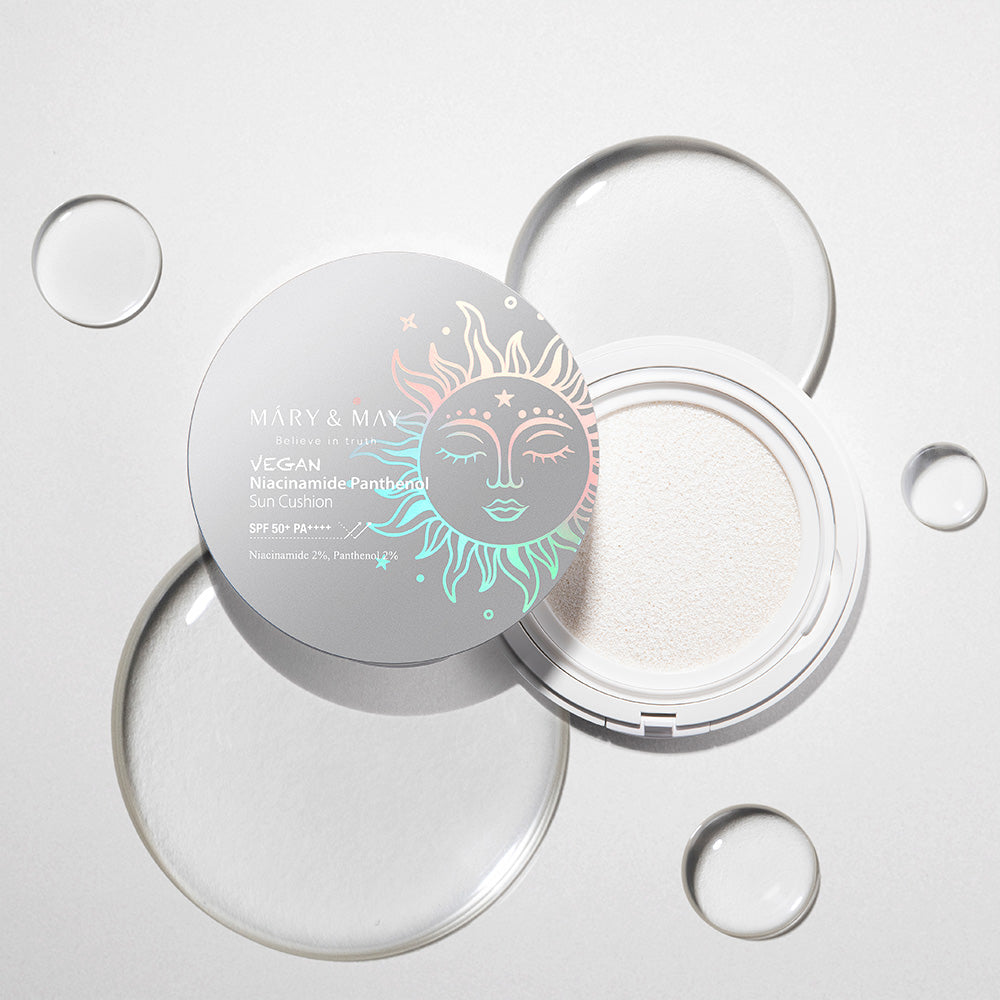ProtoClinical k-beauty [MARY & MAY] Vegan Niacinamide Panthenol Sun Cushion SPF50+ PA++++ 25g single round sun cushion compact centered on a white background