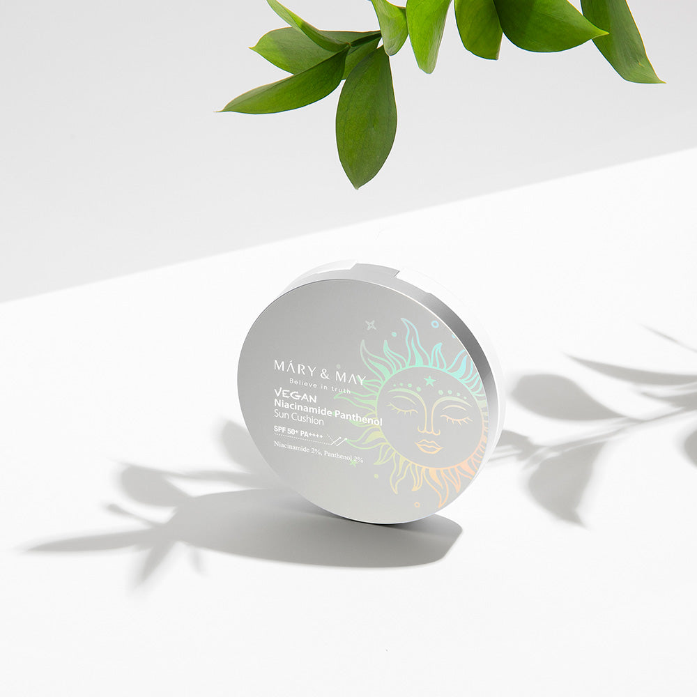 ProtoClinical k-beauty [MARY & MAY] Vegan Niacinamide Panthenol Sun Cushion SPF50+ PA++++ 25g single round sun cushion compact shown alone on a white background