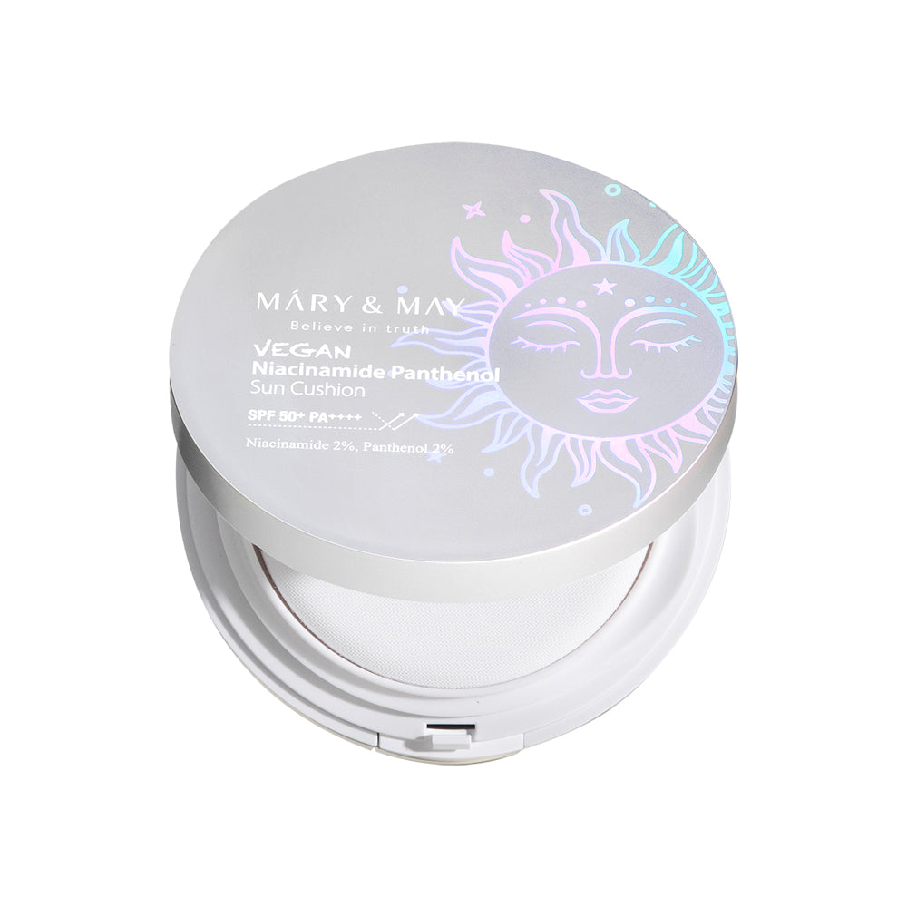 ProtoClinical k-beauty [MARY & MAY] Vegan Niacinamide Panthenol Sun Cushion SPF50+ PA++++ 25g single round sun cushion compact shown from above on a white background