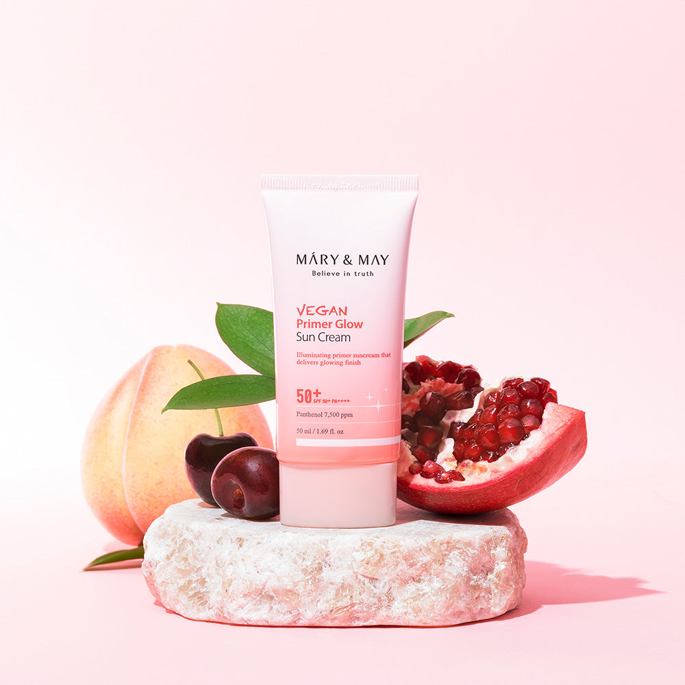 ProtoClinical k-beauty [MARY & MAY] Vegan Primer Glow Sun Cream SPF50+ PA++++ 50ml single sun cream package centered on a white background