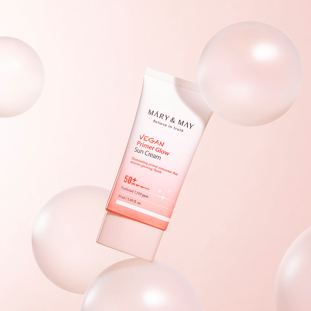 ProtoClinical k-beauty [MARY & MAY] Vegan Primer Glow Sun Cream SPF50+ PA++++ 50ml single sun cream package centered on a white background.