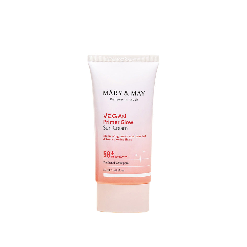 ProtoClinical k-beauty [MARY & MAY] Vegan Primer Glow Sun Cream SPF50+ PA++++ 50ml single sun cream package centered on a white background