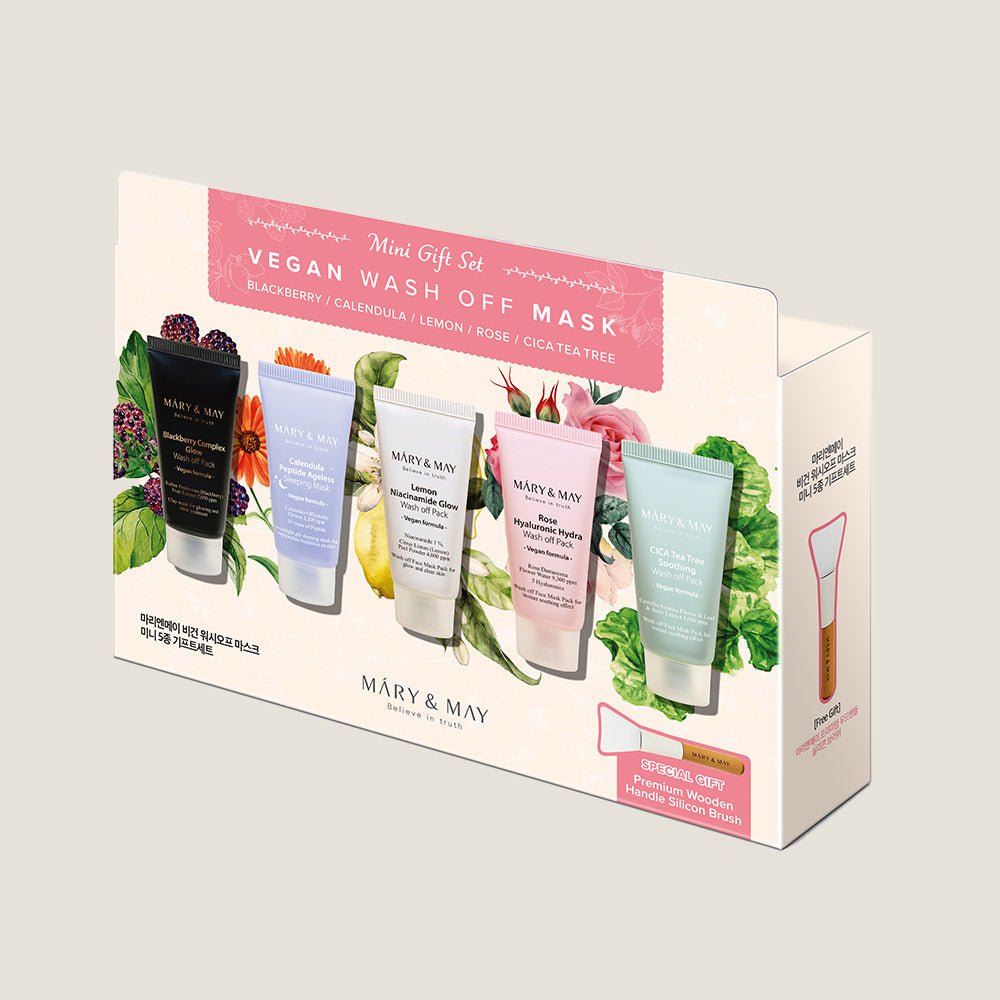 ProtoClinical k-beauty [MARY & MAY] Vegan Wash Off Mask Mini Gift Set (30g x 5) skincare product packaging in muted green and lavender tones on a light background