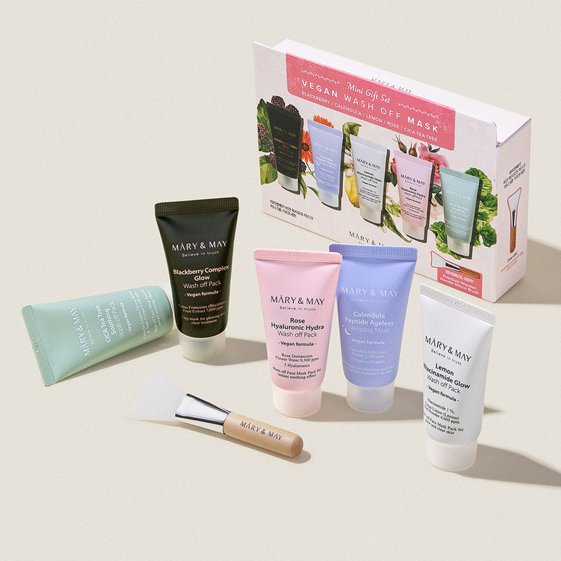 ProtoClinical k-beauty [MARY & MAY] Vegan Wash Off Mask Mini Gift Set (30g x 5) skincare product packaging in soft green and pink tones on a light background