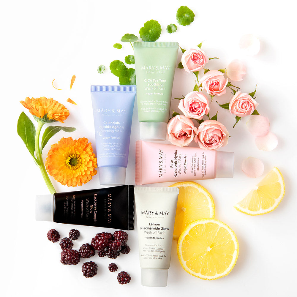 ProtoClinical k-beauty [MARY & MAY] Vegan Wash Off Mask Mini Gift Set (30g x 5) boxed mini mask gift set with multiple small containers in product packaging