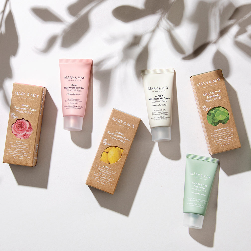 ProtoClinical k-beauty [MARY & MAY] Vegan Wash Off Mask Mini Gift Set (30g x 5) skincare product set in soft pink and green tones on a light background