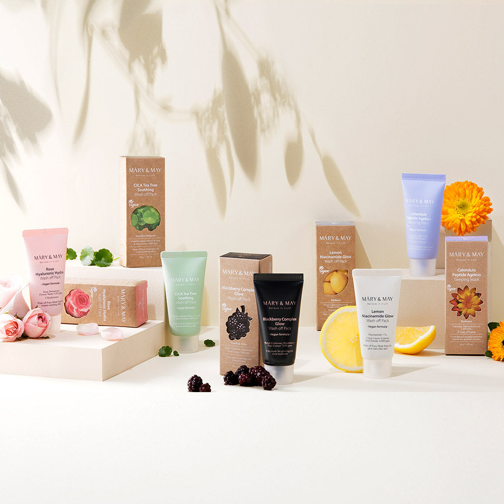 ProtoClinical k-beauty [MARY & MAY] Vegan Wash Off Mask Mini Gift Set (30g x 5) boxed mini mask gift set with multiple small containers in product packaging