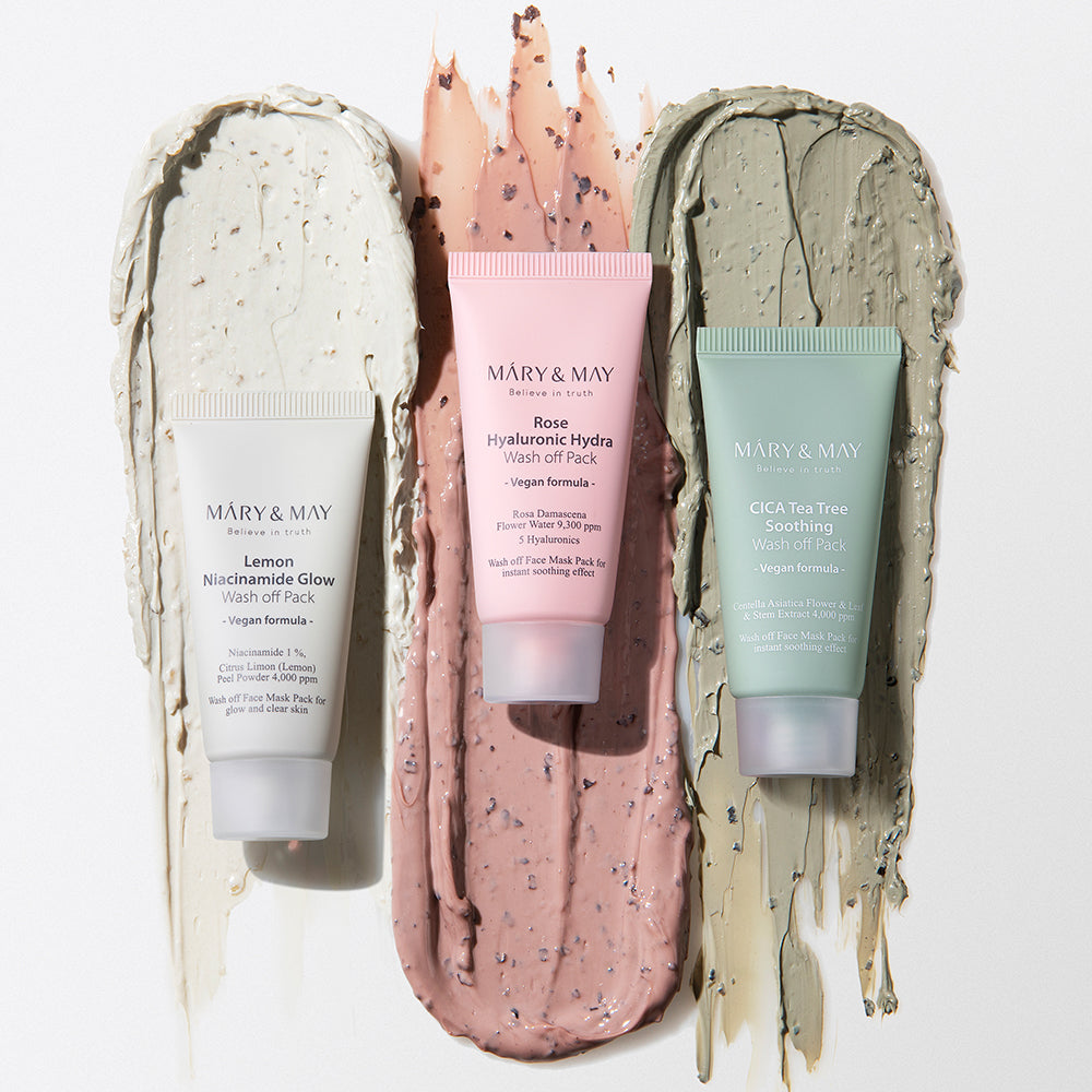 ProtoClinical k-beauty [MARY & MAY] Vegan Wash Off Mask Mini Gift Set (30g x 5) boxed mini mask gift set with multiple small containers in product packaging