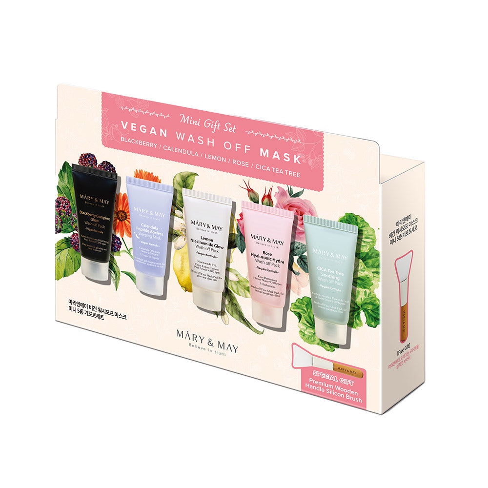 ProtoClinical k-beauty [MARY & MAY] Vegan Wash Off Mask Mini Gift Set (30g x 5) boxed mini mask gift set with multiple small containers in product packaging