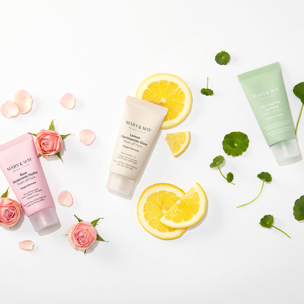 ProtoClinical k-beauty [MARY & MAY] Vegan Wash Off Mask Mini Gift Set (30g x 5) boxed mini mask gift set with multiple small containers in product packaging