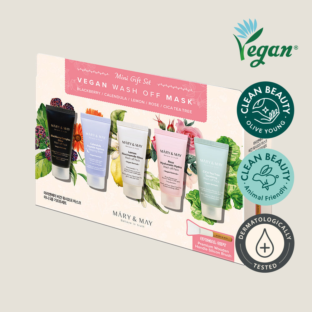 ProtoClinical k-beauty [MARY & MAY] Vegan Wash Off Mask Mini Gift Set (30g x 5) boxed mini mask gift set with multiple small containers in product packaging