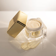 ProtoClinical k-beauty muted mauve beauty graphic with a soft blue center on a warm golden background.