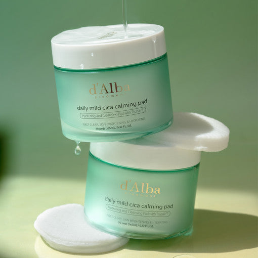 ProtoClinical k-beauty d'Alba Daily Mild Cica Calming Pad 165ml (50ea) displayed as green jar-style pad packaging in a centered studio packshot