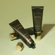 ProtoClinical k-beauty pale olive beauty graphic with two dark vertical forms on a light background.
