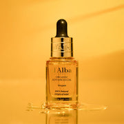 ProtoClinical k-beauty warm orange beauty product silhouette with a darker vertical center on a bright amber background.