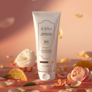 ProtoClinical k-beauty warm brown and coral beauty graphic with a pale yellow center on a soft pink background.