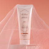 ProtoClinical k-beauty coral beauty graphic with a pale vertical center on a soft peach background.