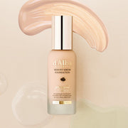 ProtoClinical k-beauty gray beauty product silhouette centered between soft peach side tones on a light background.